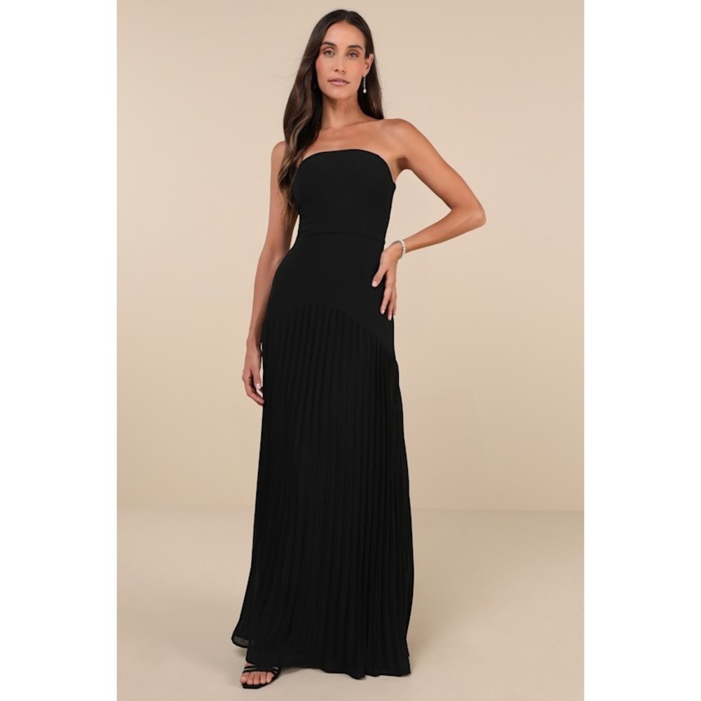 Lulus Celebratory Aesthetic Black Pleated Strapless Maxi Dress - Size M